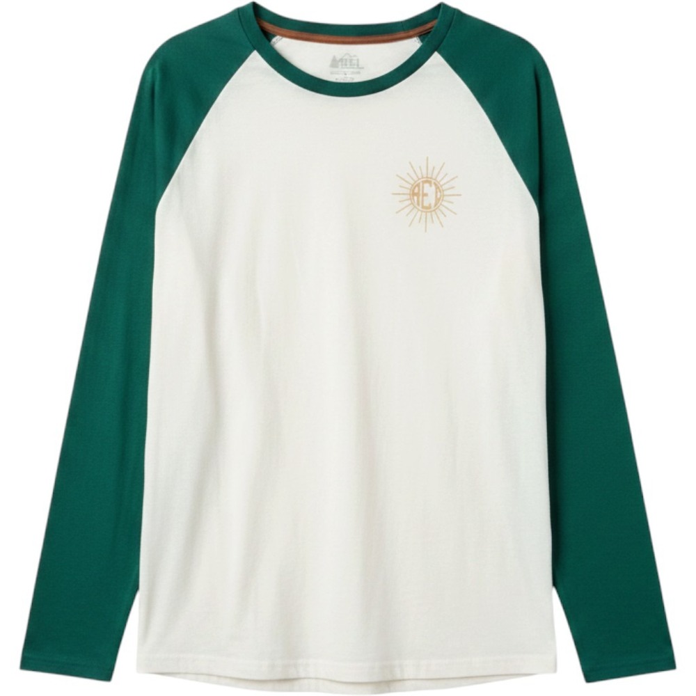 REI Co-op Baseball Tee Medium Green Cream Raglan Graphic Long Sleeve Gorpcore